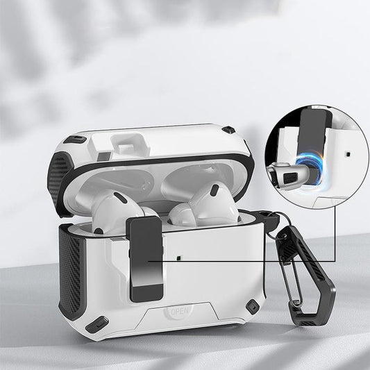 Auto Locking Earphone Case with Phone Stand Support and Quick Release Lid