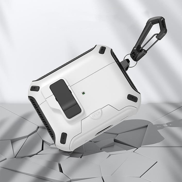 Auto Locking Earphone Case with Phone Stand Support and Quick Release Lid