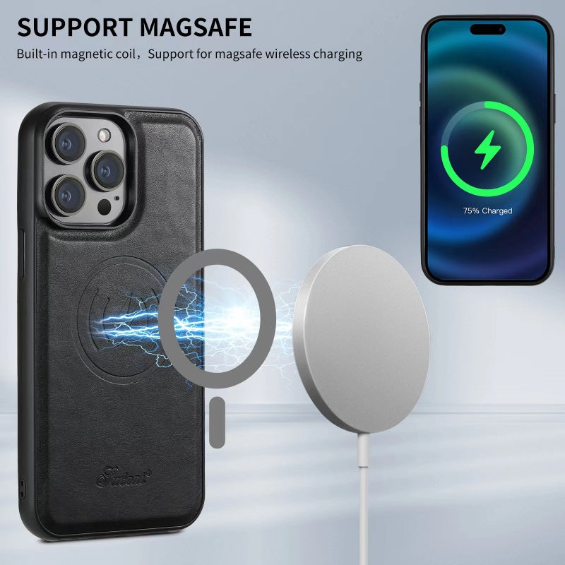 Genuine Leather Card Holder Phone Case: Magnetic Stand, Wireless Charging (MagSafe Compatible)